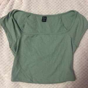 Green Ribbed Cap Sleeve Crop Blouse